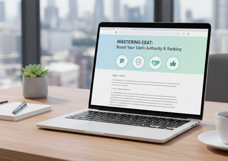 Ordinateur affichant un guide sur l'EEAT et l'autorité SEO
