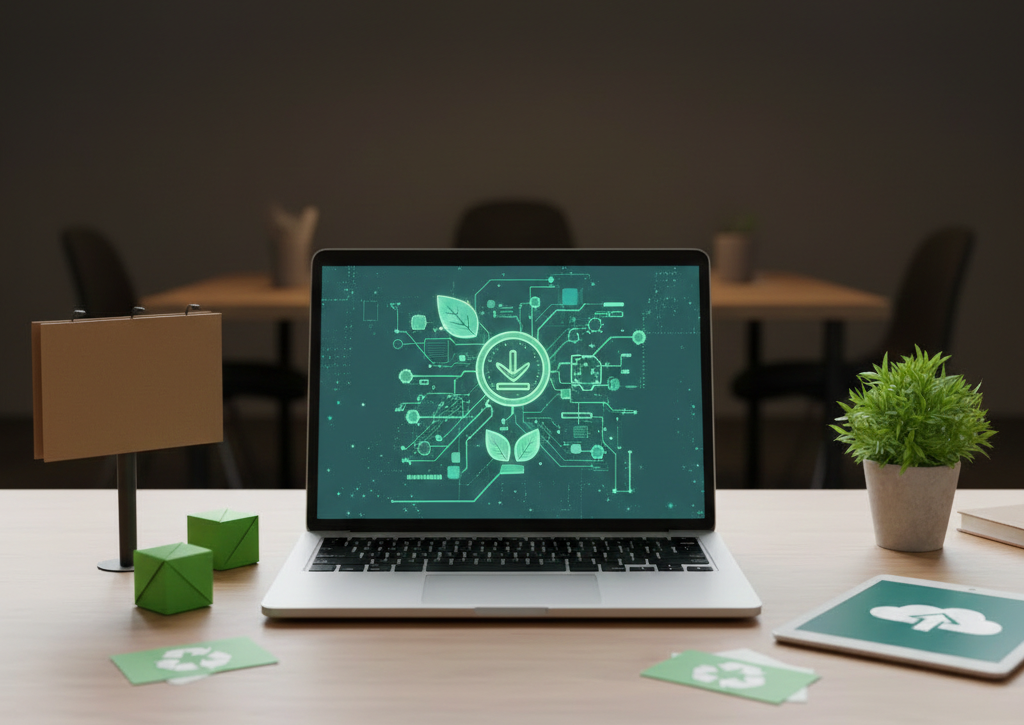 Ordinateur affichant un circuit numérique avec des feuilles écologiques.