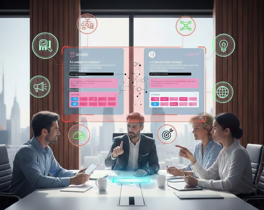 Équipe en réunion analysant des interfaces d'IA comparatives.