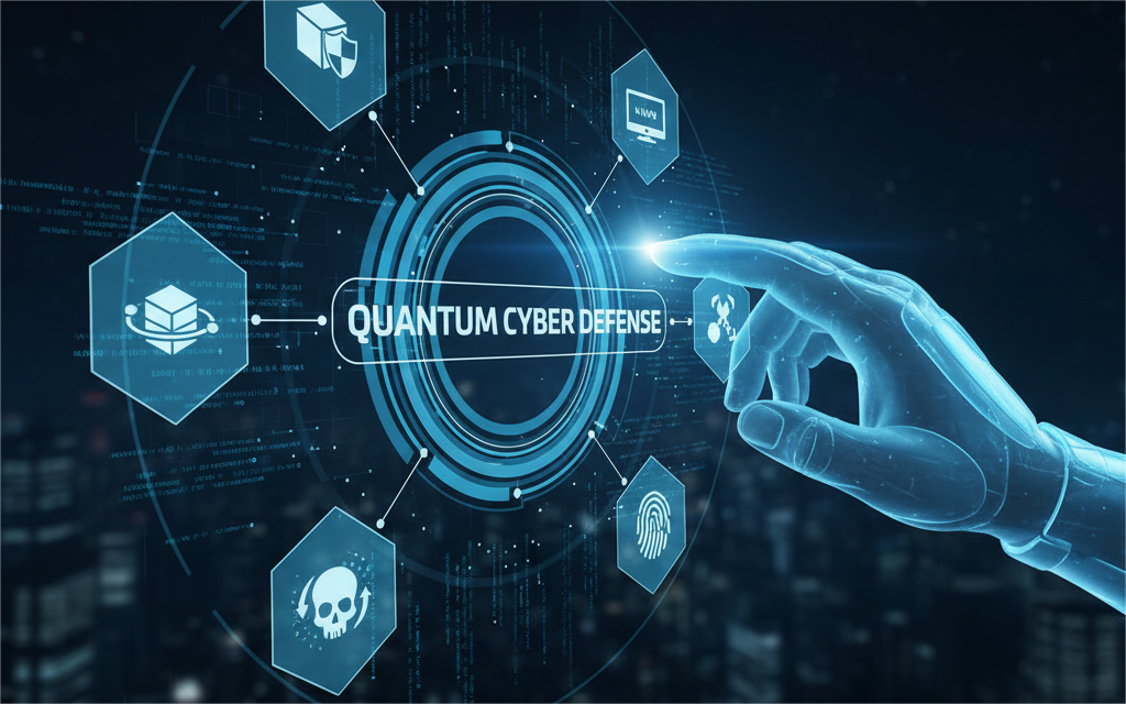 Main robotique pointant une interface de défense cybernétique quantique