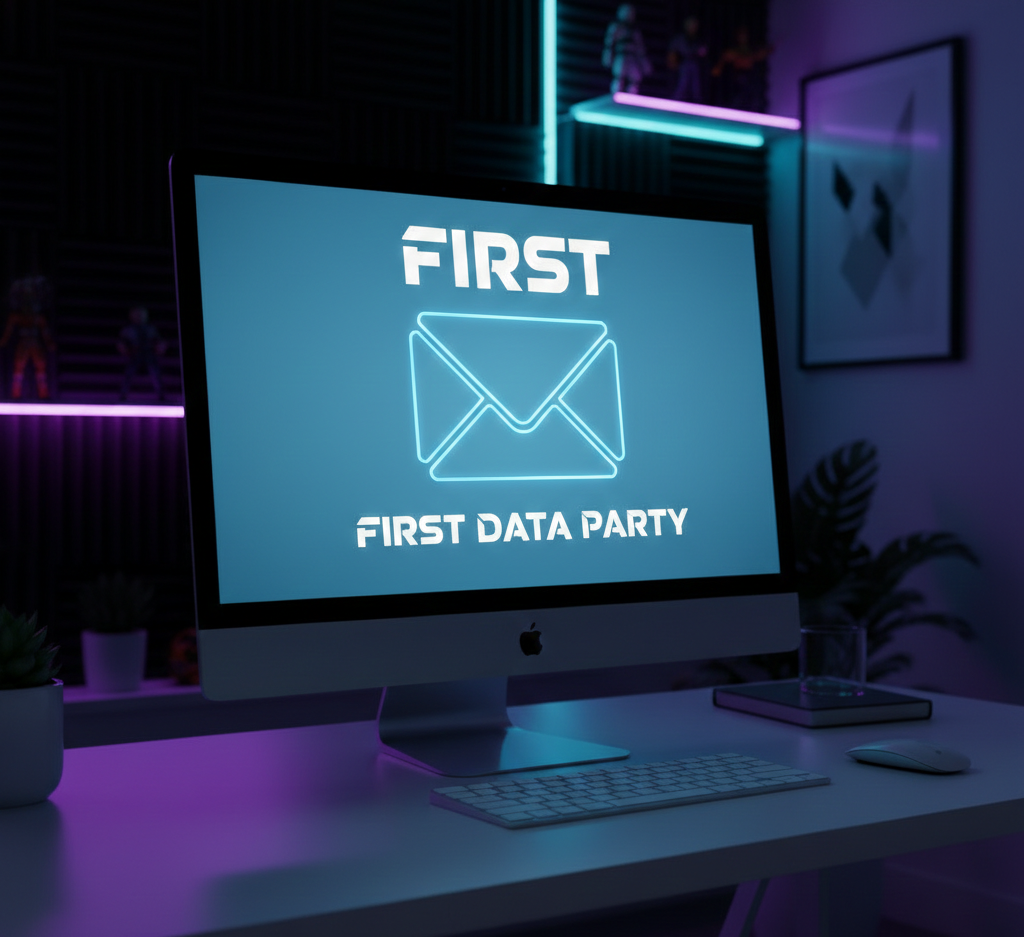 Écran d'ordinateur affichant une enveloppe et "First Data Party"