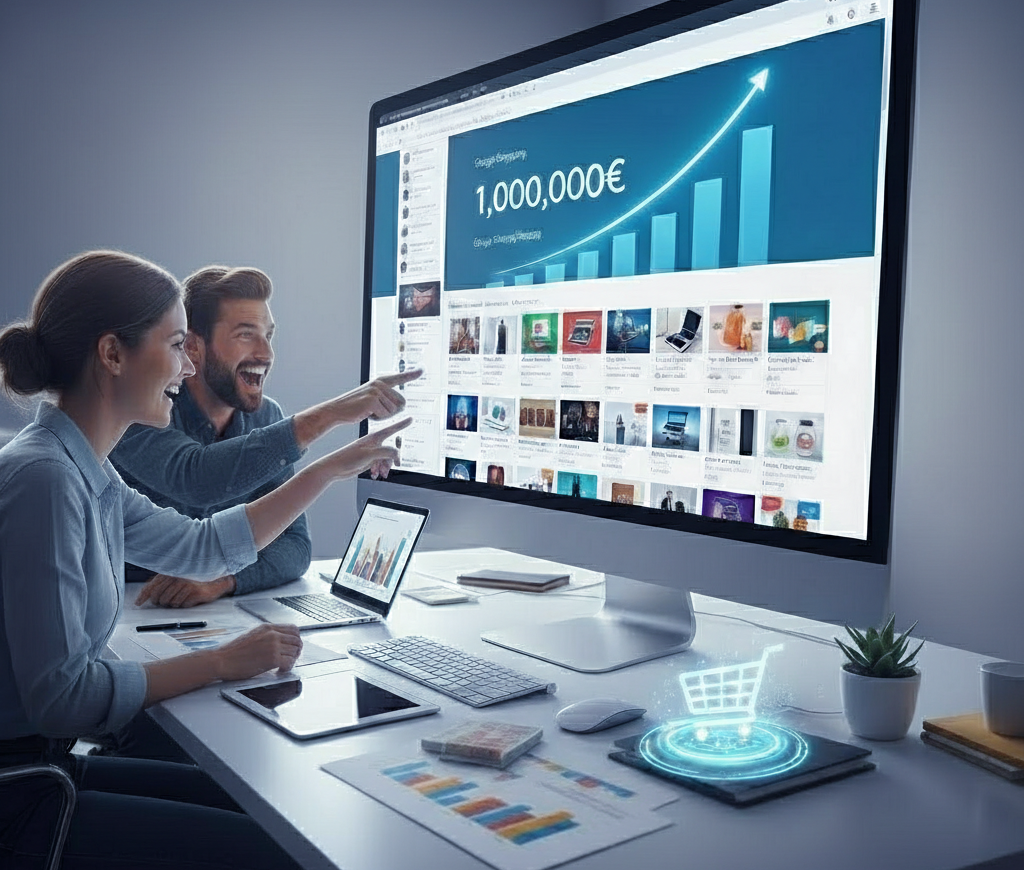 Équipe enthousiaste devant un écran affichant 1 000 000 €