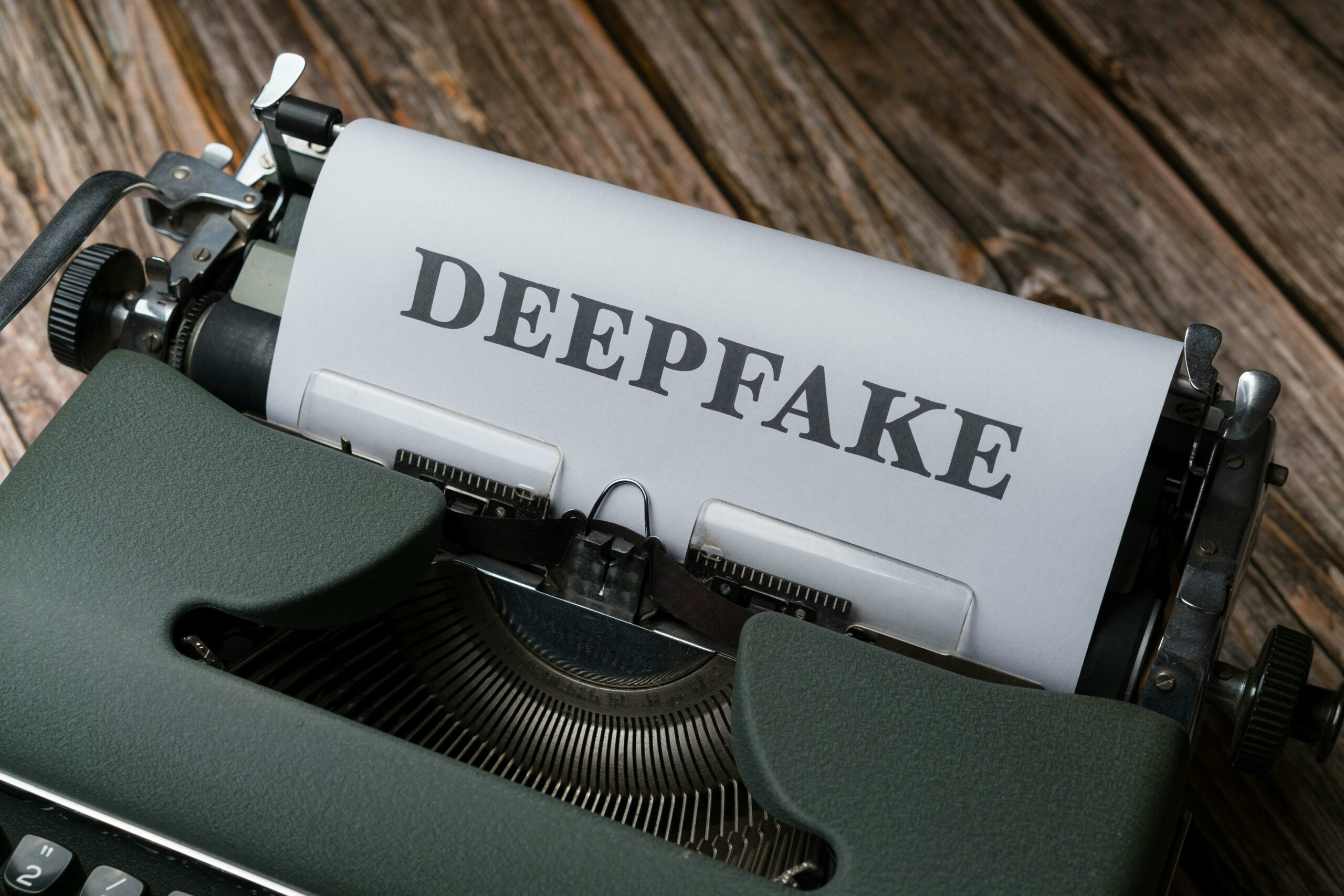 Machine à écrire avec le mot "DEEPFAKE" sur papier
