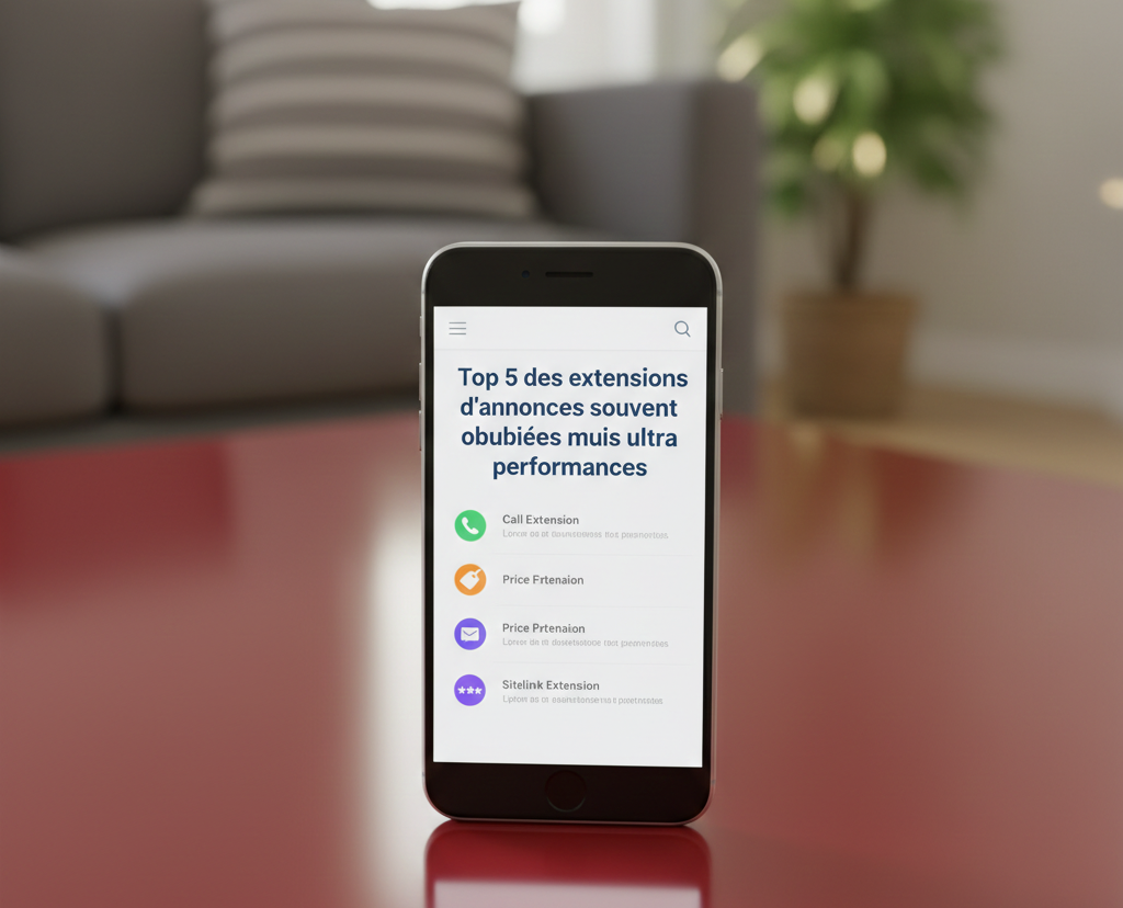 Smartphone affichant une liste d'extensions d'annonces publicitaires