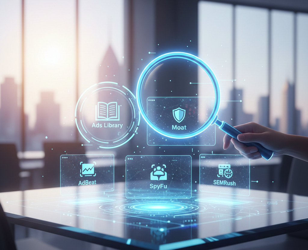 Une main examinant des outils de marketing digital via une loupe.