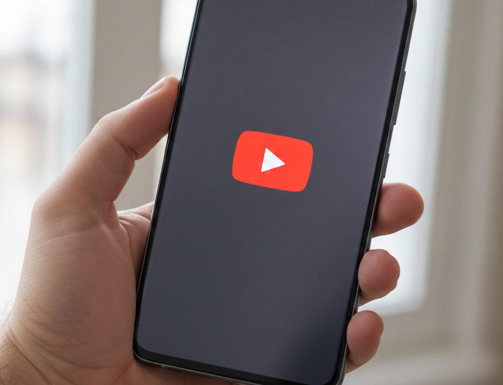 Main tenant un smartphone affichant le logo YouTube.