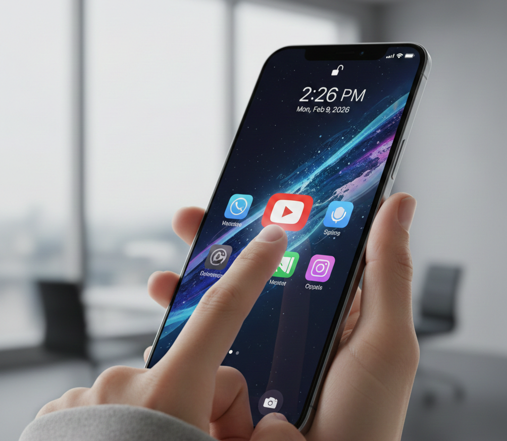Main tenant un smartphone affichant l'icône YouTube sur l'écran d'accueil.