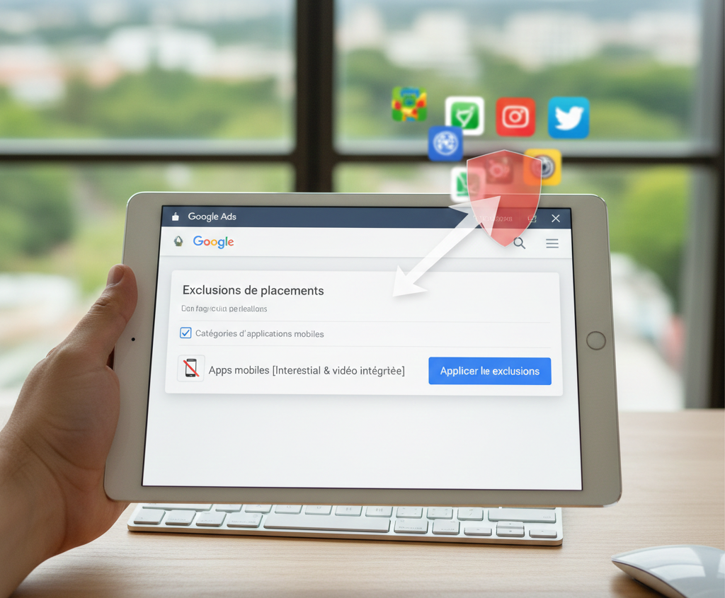 Tablette affichant les réglages d'exclusions de placements Google Ads