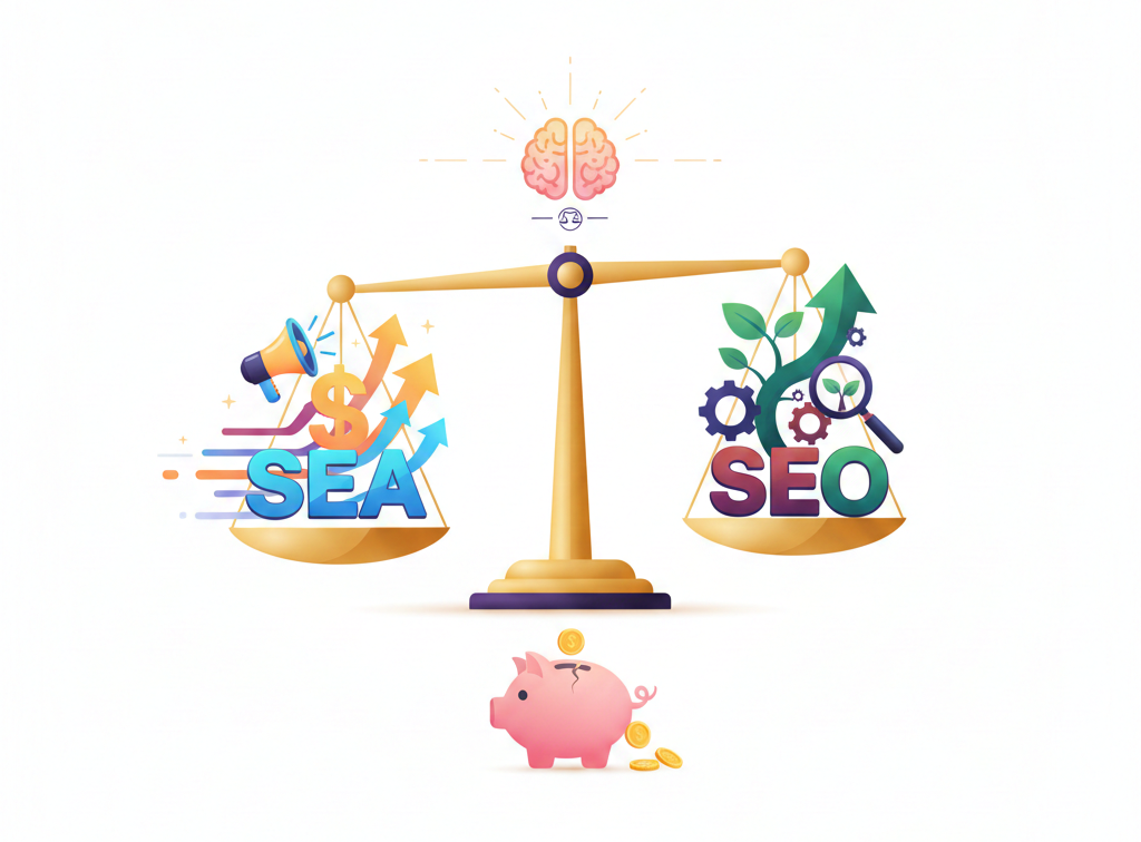 Illustration d'une balance comparant le SEA et le SEO.