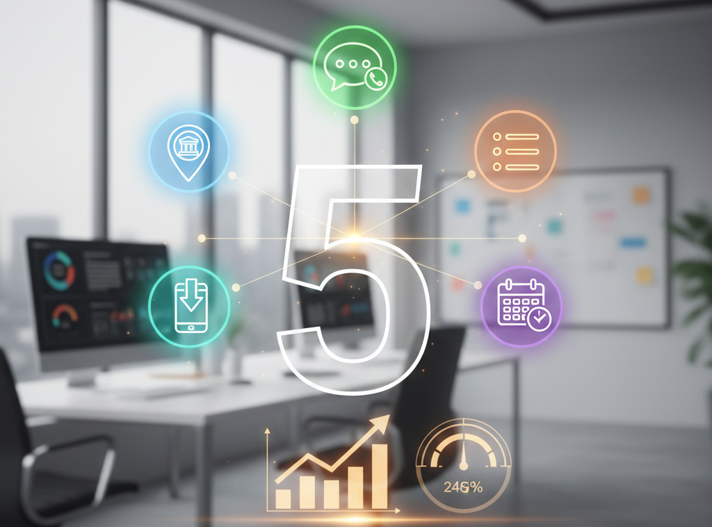 Main tenant une loupe devant des icônes d'outils marketing