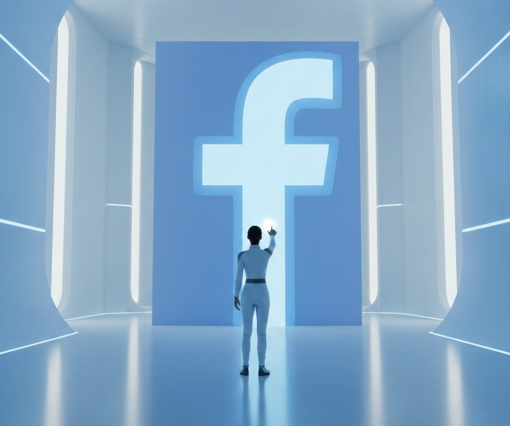 Une personne en combinaison futuriste touche un immense logo Facebook.