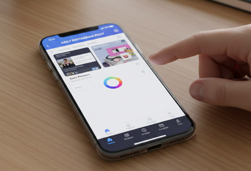 Main utilisant une application de design sur un smartphone