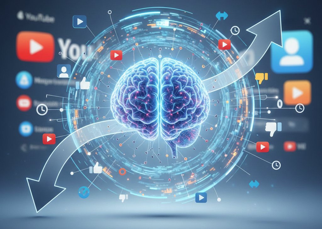 Cerveau numérique entouré d'icônes YouTube et flèches de croissance.