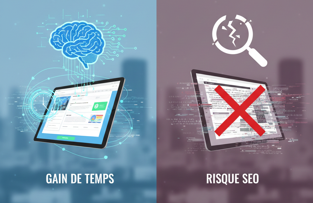 Comparaison entre gain de temps IA et risques SEO