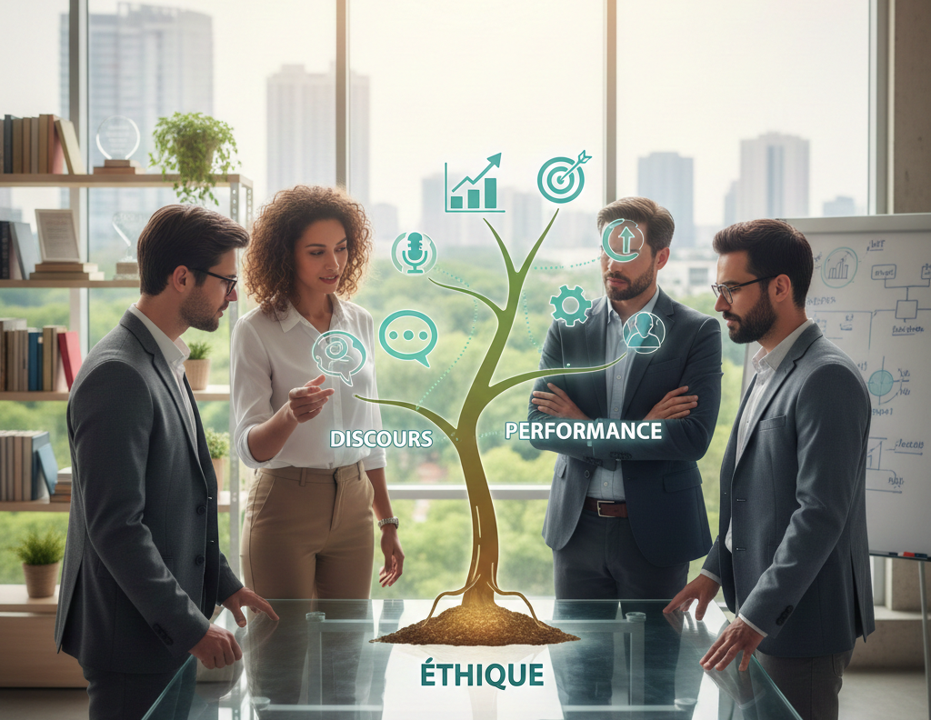 Quatre professionnels analysant un arbre virtuel de croissance d'entreprise