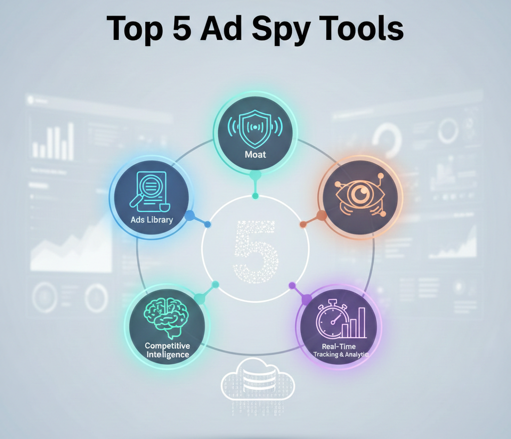 Infographie présentant cinq outils d'espionnage publicitaire