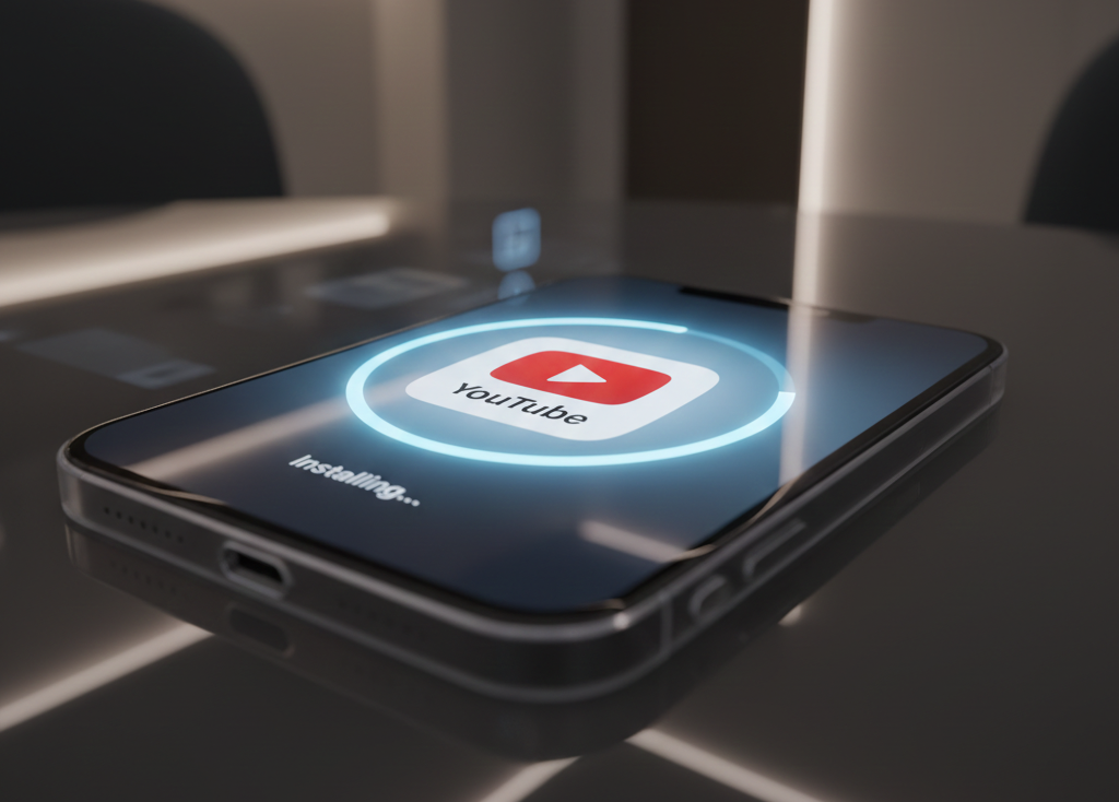 Smartphone sur table affichant le logo YouTube en cours d'installation.