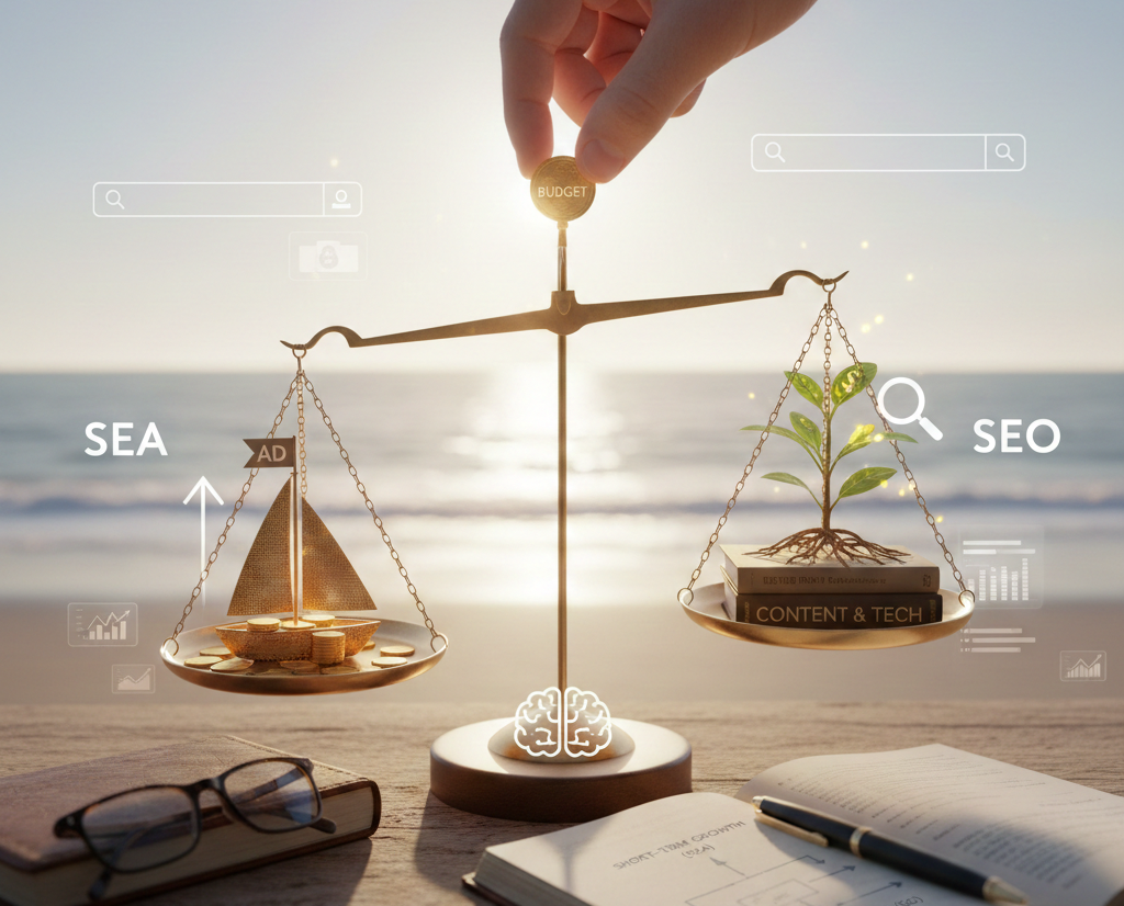 Balance entre SEA (publicité) et SEO (croissance organique) au bord de mer.