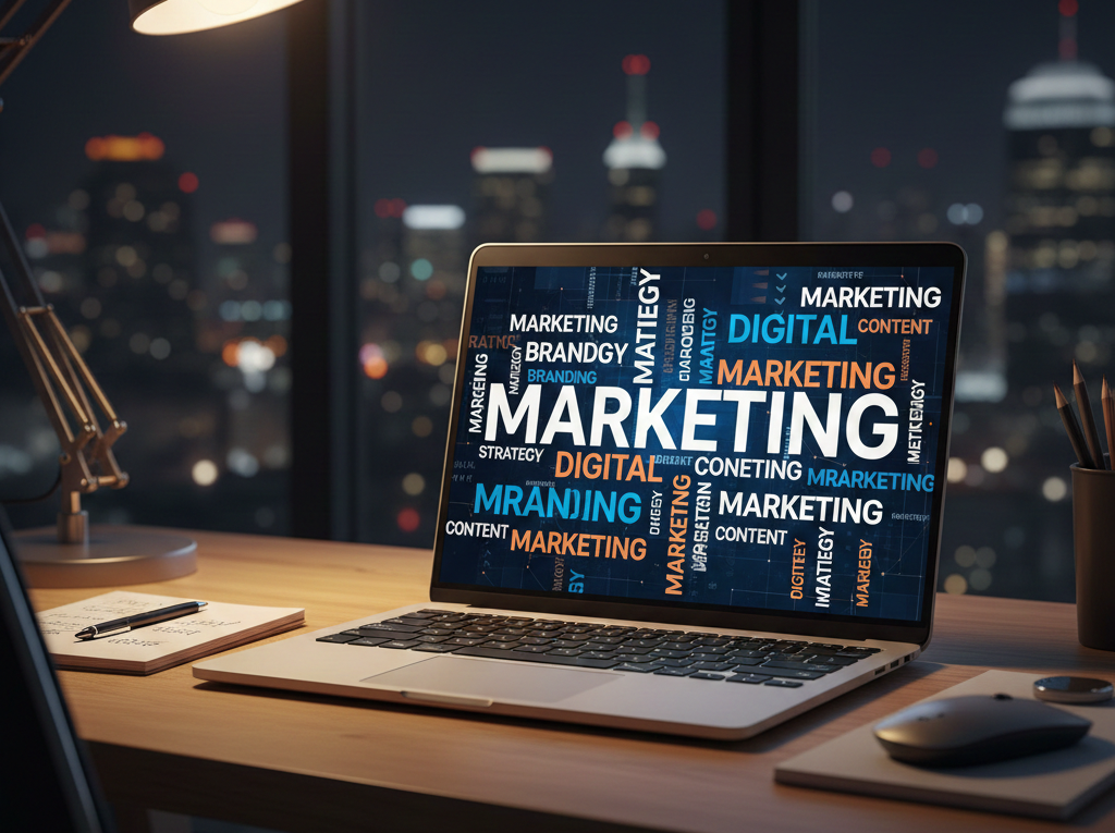 Ordinateur affichant un nuage de mots-clés liés au marketing digital