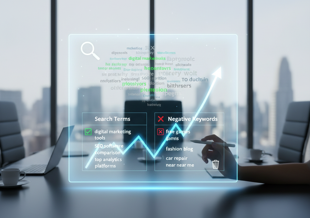 Hologramme de gestion des mots-clés négatifs en marketing digital