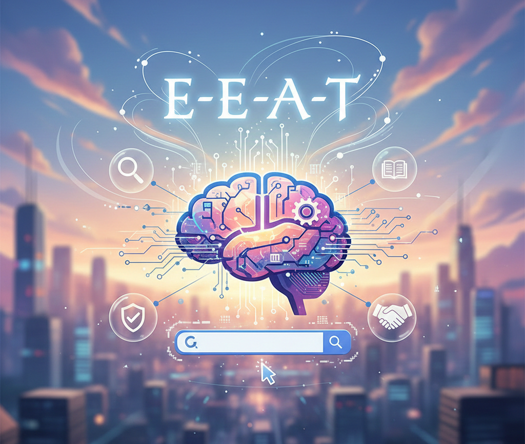 Cerveau technologique illustrant les critères E-E-A-T de Google en ville.