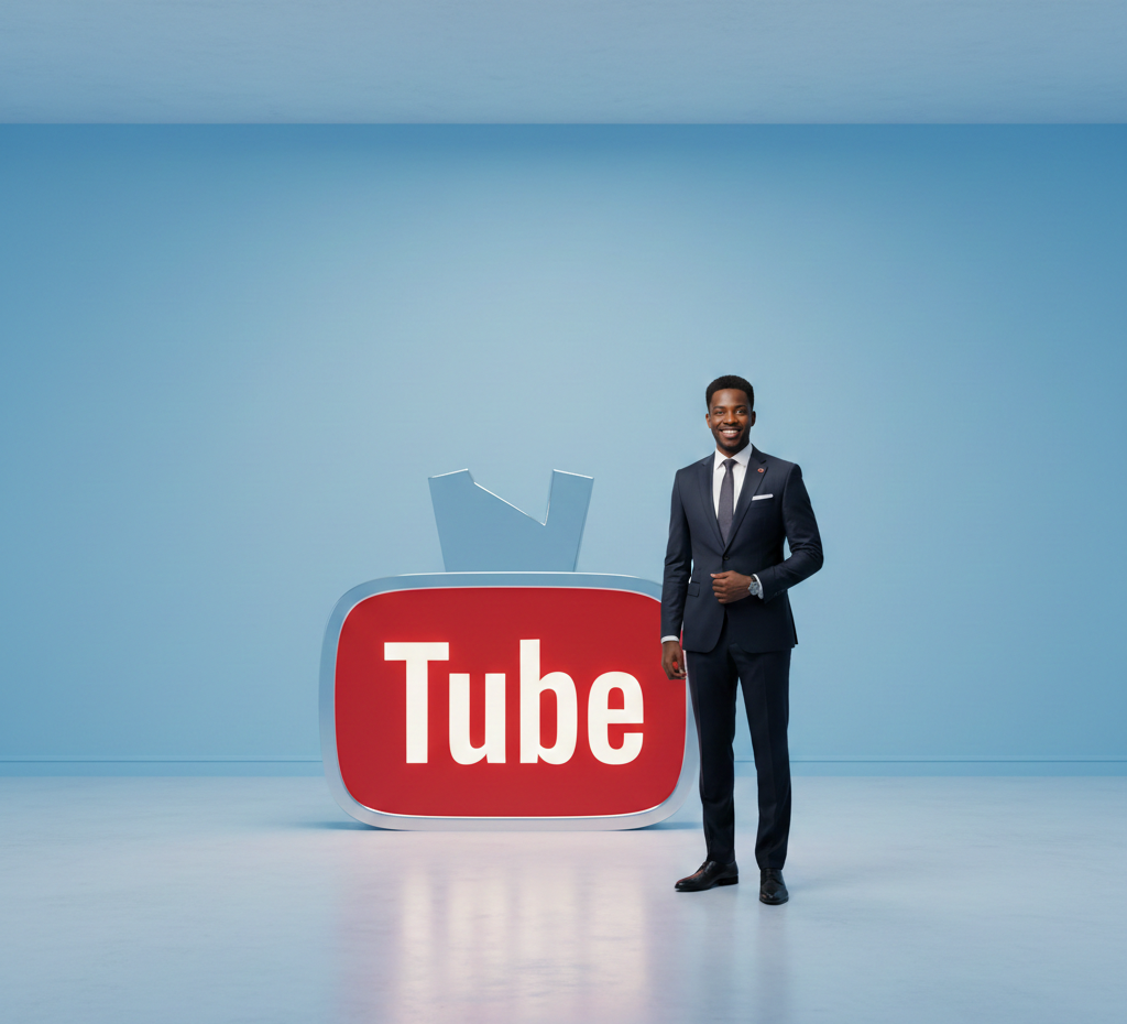 Homme en costume posant devant un grand logo "Tube" rouge.