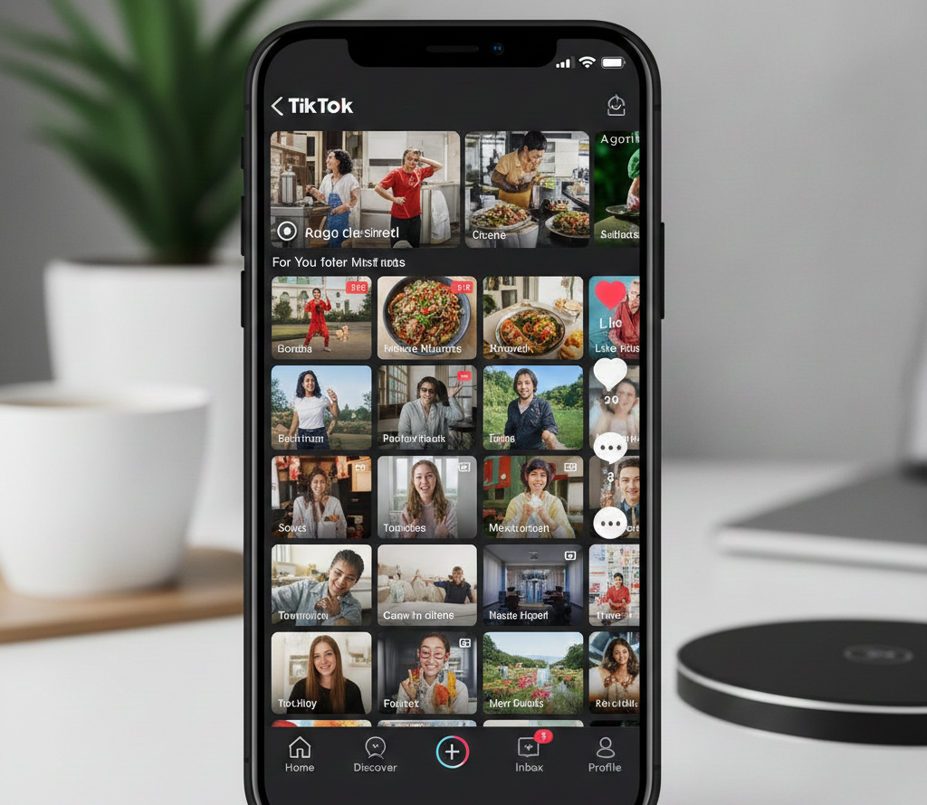 Interface TikTok affichée sur un smartphone posé devant un café.
