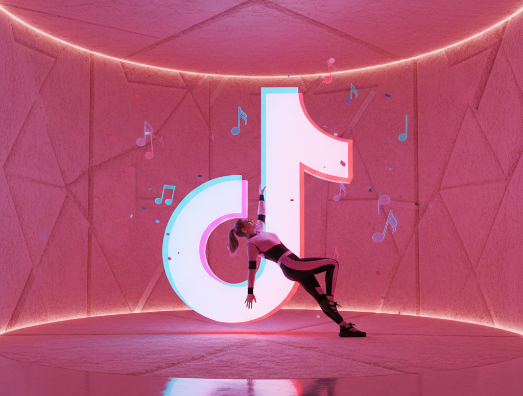 Danseuse devant un logo TikTok géant dans une pièce rose
