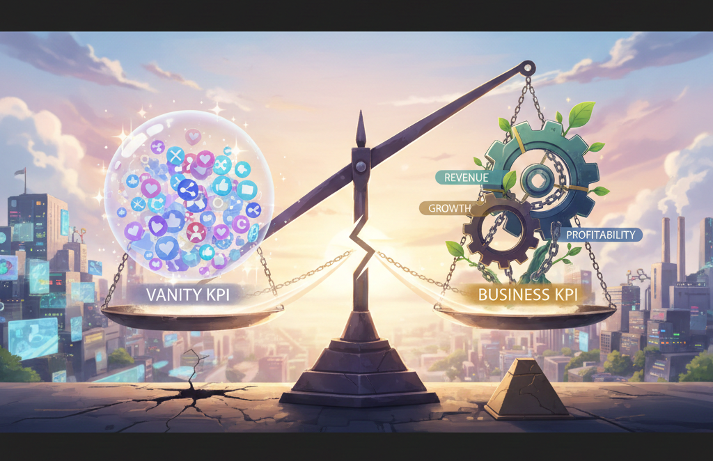 Balance comparant les indicateurs de vanité aux indicateurs de performance business.