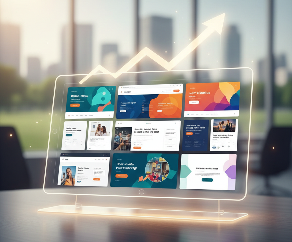 Écran holographique affichant des sites web et une flèche ascendante