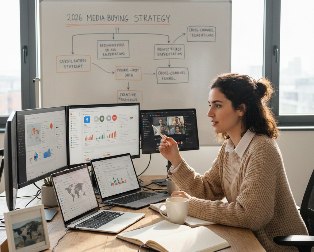 Femme travaillant sur une stratégie de Media Buying 2026