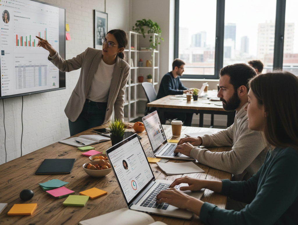 Spécialiste en achat média présentant des analyses de données 2026