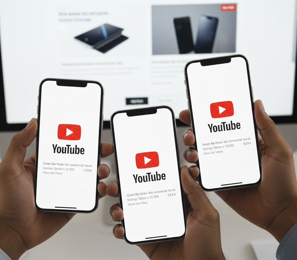 Trois smartphones affichant le logo YouTube tenus par des mains.