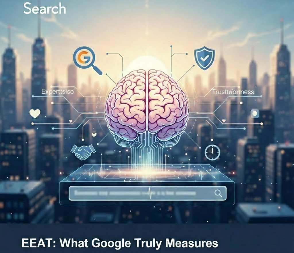 Cerveau numérique surmontant une recherche Google dans une ville futuriste.