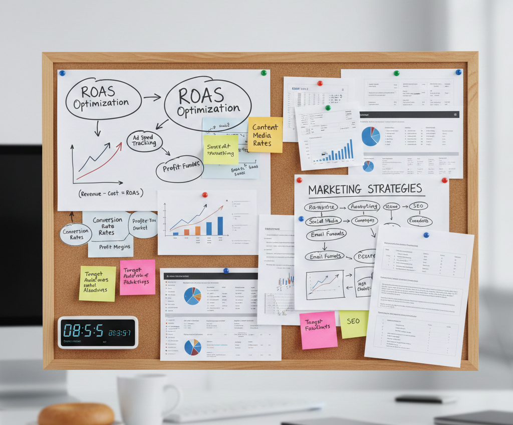 Tableau de bord affichant des stratégies marketing et graphiques ROAS