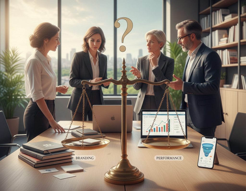 Équilibre entre branding et performance dans une réunion marketing.
