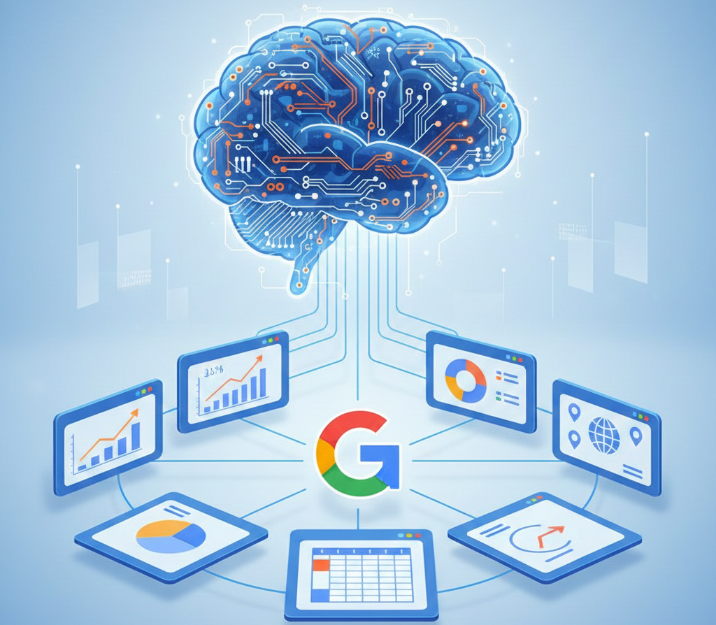 Cerveau numérique relié à divers tableaux de bord Google.