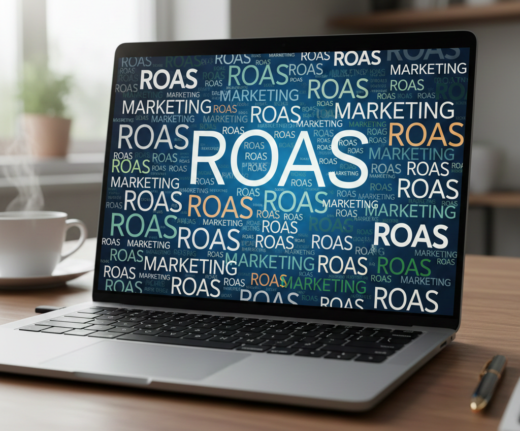 Écran d'ordinateur portable affichant un nuage de mots-clés ROAS