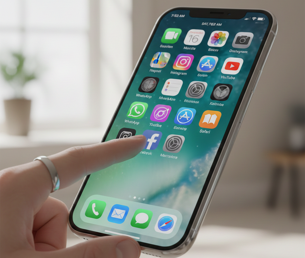 Main d'un utilisateur sélectionnant l'icône Facebook sur un smartphone