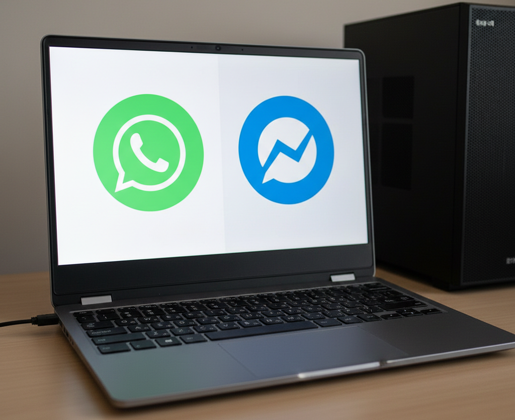 Ordinateur portable affichant les logos de WhatsApp et Facebook Messenger