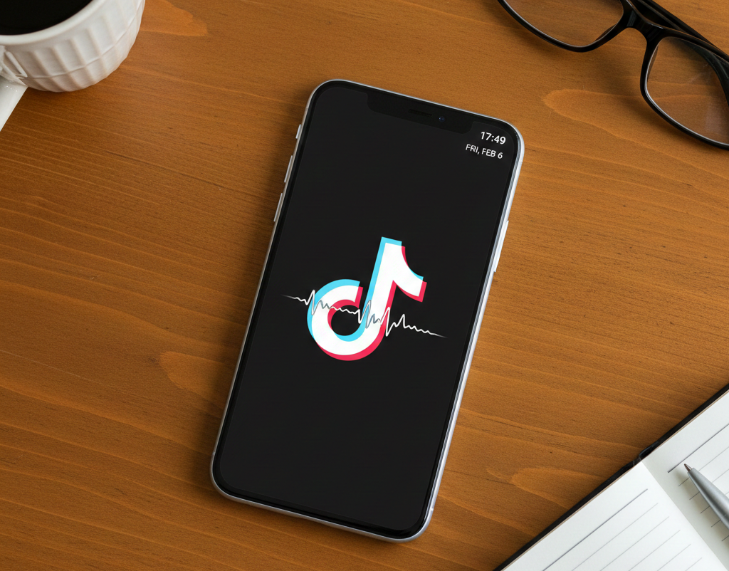 Un smartphone affichant TikTok sur un bureau en bois.