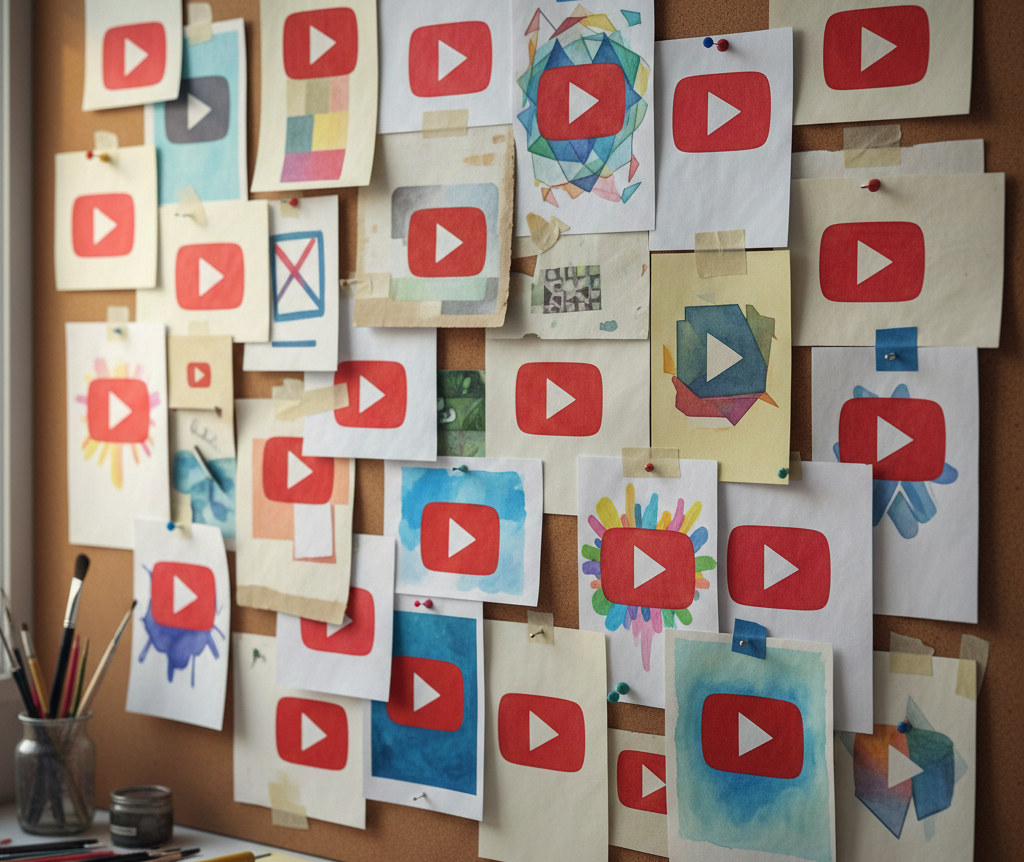 Tableau en liège couvert de nombreux dessins du logo YouTube