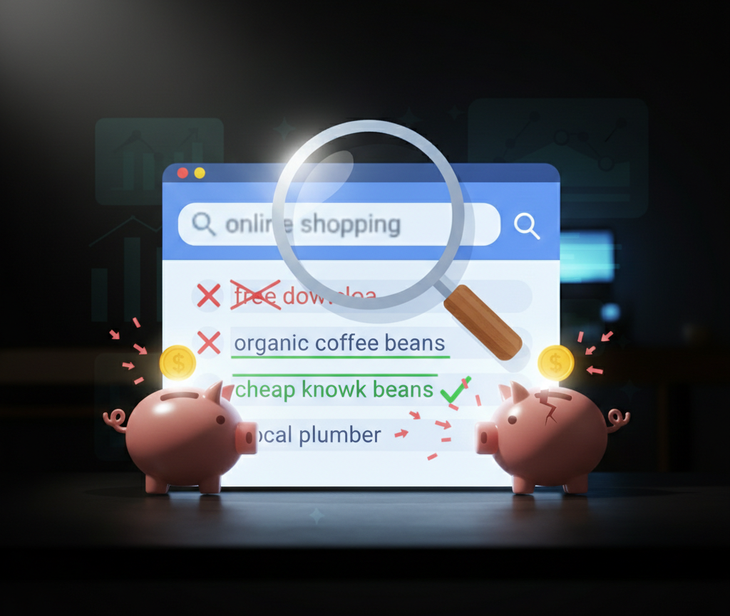 analyse des termes de recherche google ads avec loupe lumineuse.