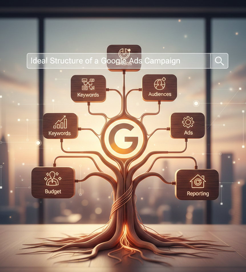 arbre conceptuel représentant la structure d'une campagne google ads.