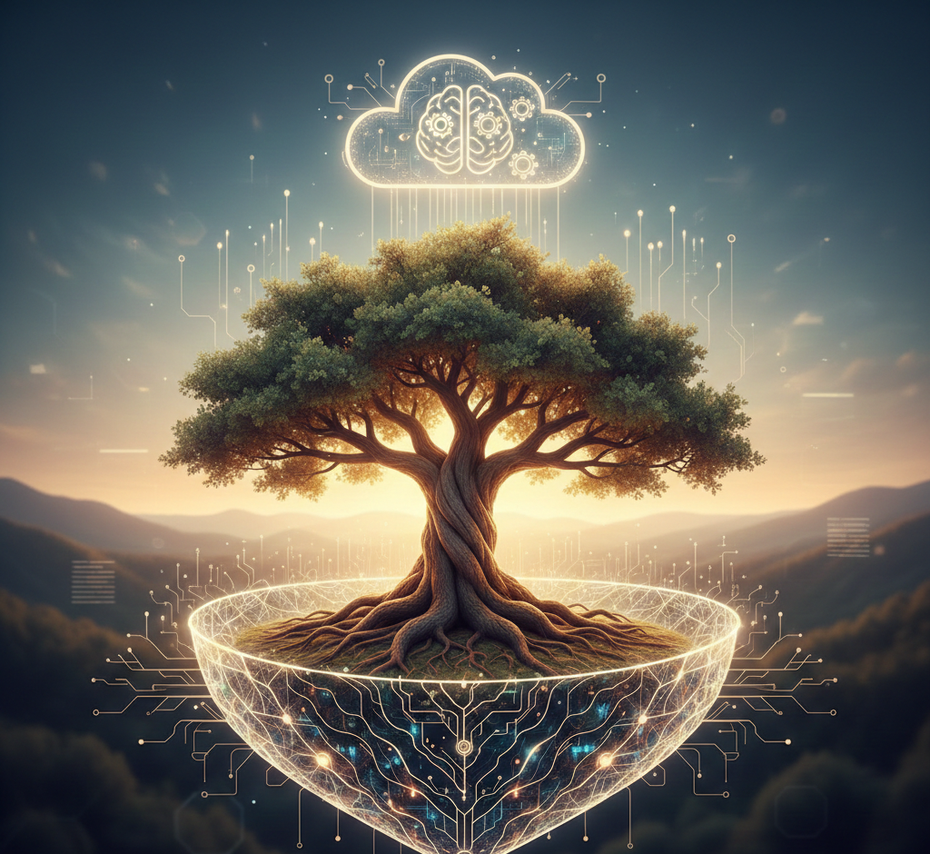 arbre de vie numérique survolant un paysage montagneux au crépuscule.