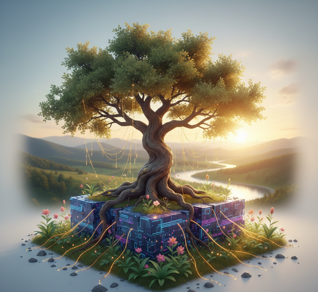 arbre majestueux enraciné dans des blocs technologiques au lever du soleil.