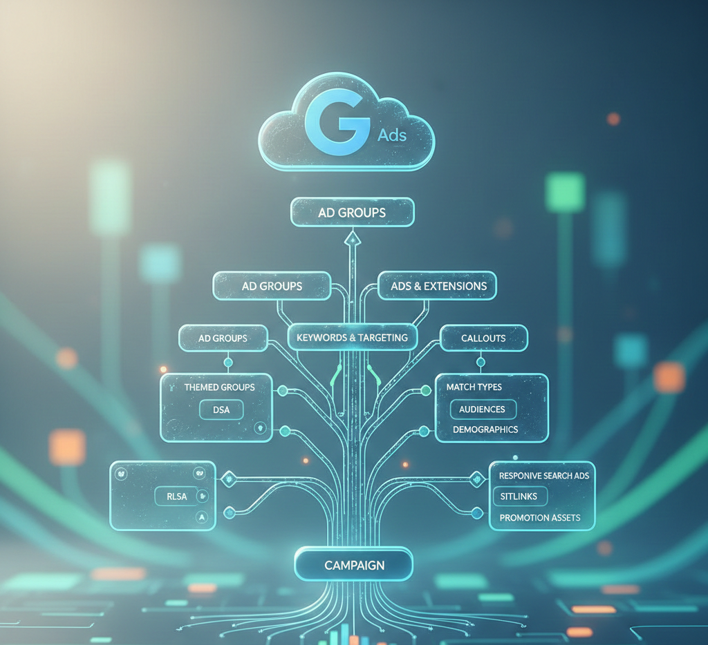 arbre numérique illustrant la hiérarchie d'une campagne google ads.