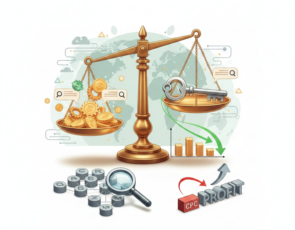 balance comparant budget publicitaire, mots clés et profitabilité cpc.