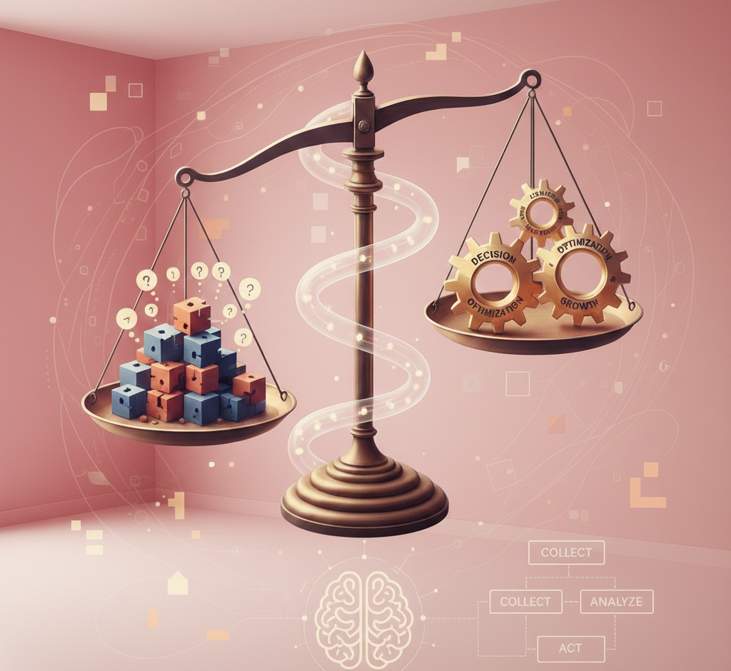 balance comparant des cubes de données et des engrenages dorés.