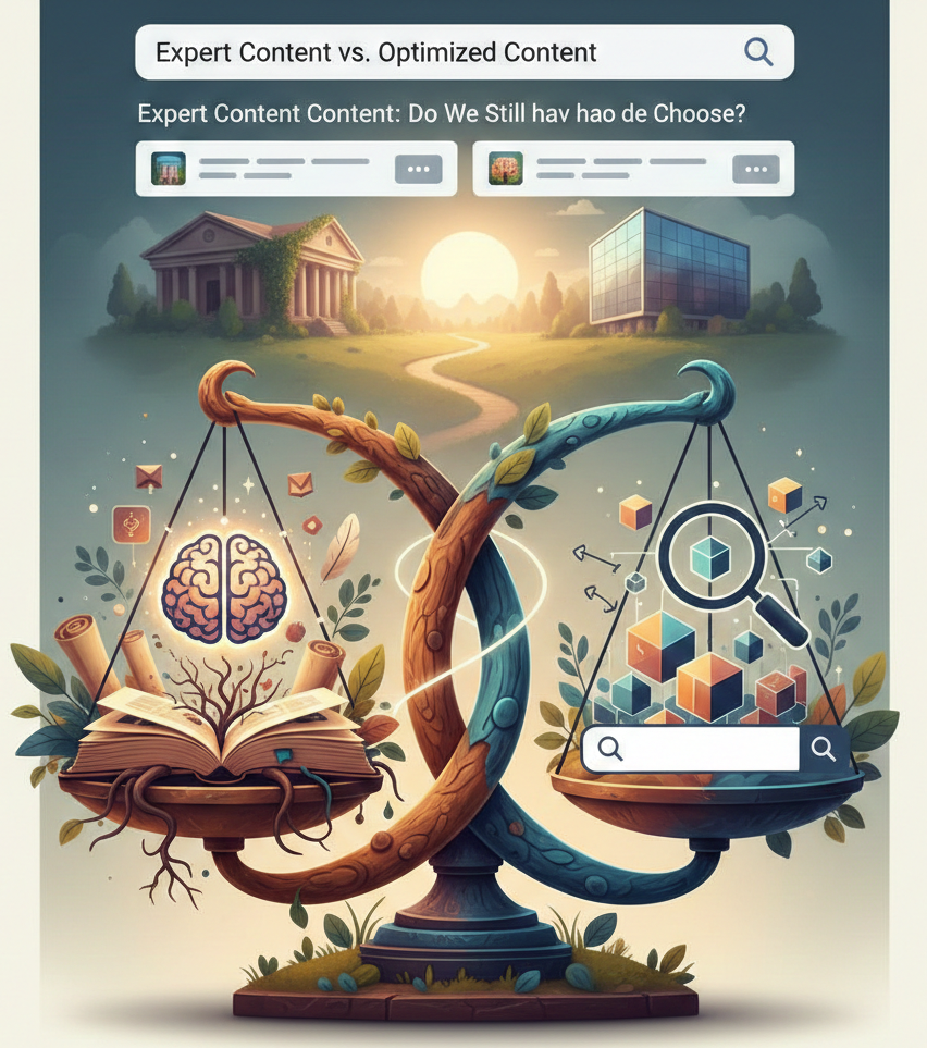 balance comparant le contenu d'expert et le contenu optimisé seo.